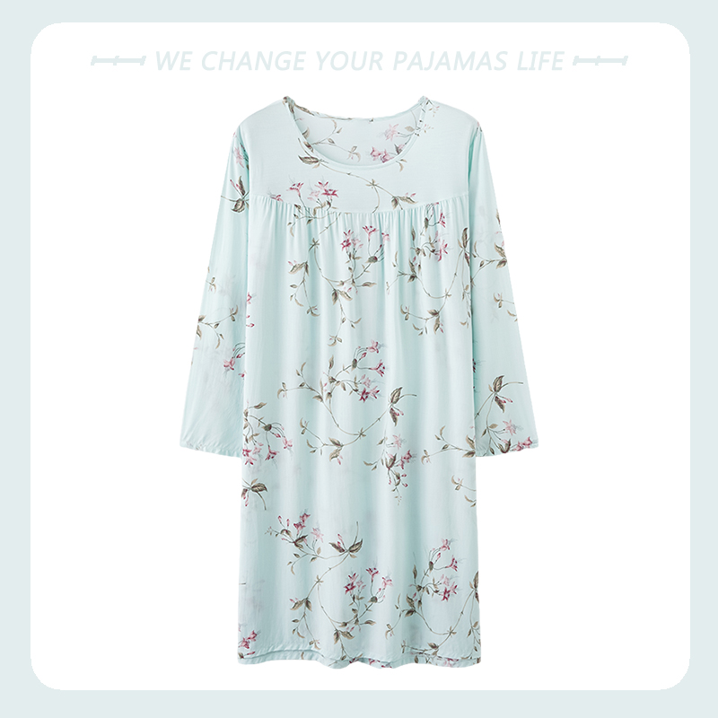 北极绒睡裙女春夏秋季纯棉绸长袖大码中年妈妈薄款家居服连衣裙子