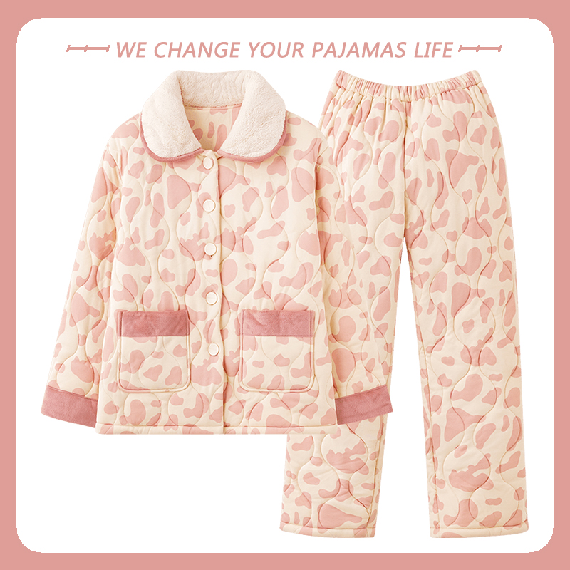 2025年夹棉睡衣女纯棉长袖三层加厚棉袄冬季天保暖妈妈休闲家居服