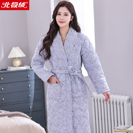 北极绒三层夹棉睡袍女款纯棉冬季加厚保暖加棉袄秋冬天家居服浴袍