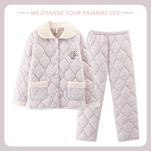 2025年中年妈妈女士睡衣秋冬季 三层加厚纯棉夹棉袄保暖家居服套装