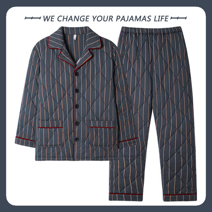 北极绒睡衣男士冬季三层加厚加棉纯棉夹棉冬天保暖中年家居服套装