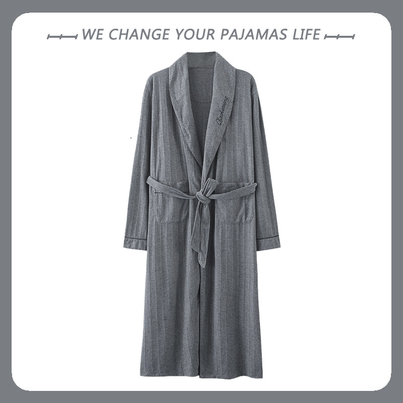 NIGHTGOWNS MENS COTTON SPRING AND AUTUMN PAJAMAS THIN LOUNGEWEAR LONG SLEEVE MID-LENGTH COTTON COMFORTABLE MENS BATHROBE AUTUMN AND WINTER