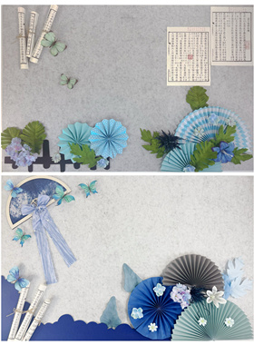 幼儿园小环创装饰材料新中式国风蓝色蝴蝶文化主题墙布置扇花折扇