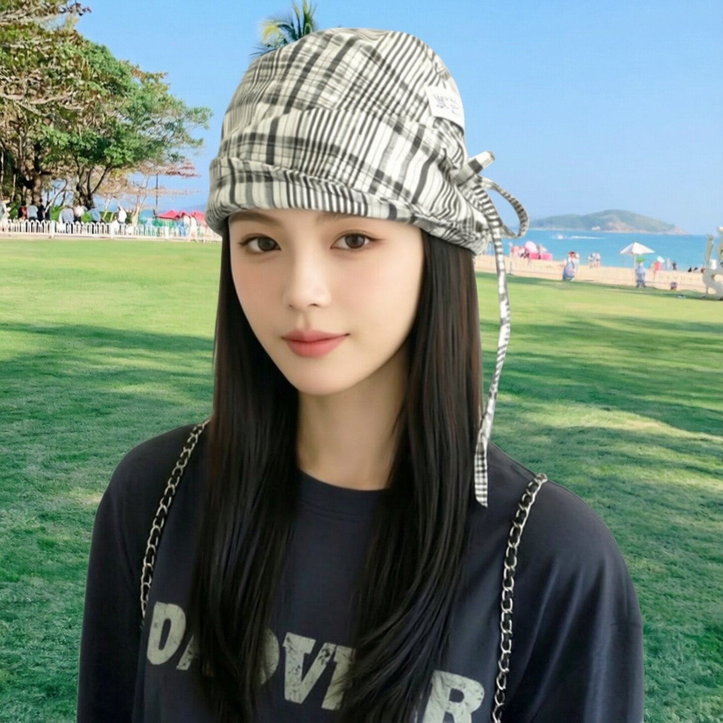 双面戴黑白格纹渔夫帽显脸小盆帽