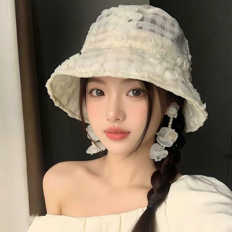 2026新款法式蕾丝花朵渔夫帽子女图片