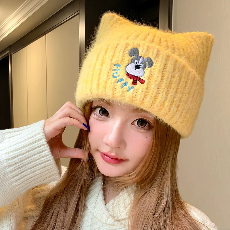 卡通可爱小狗黄色针织帽子女秋冬加厚保暖毛线帽百搭显脸小包头帽
