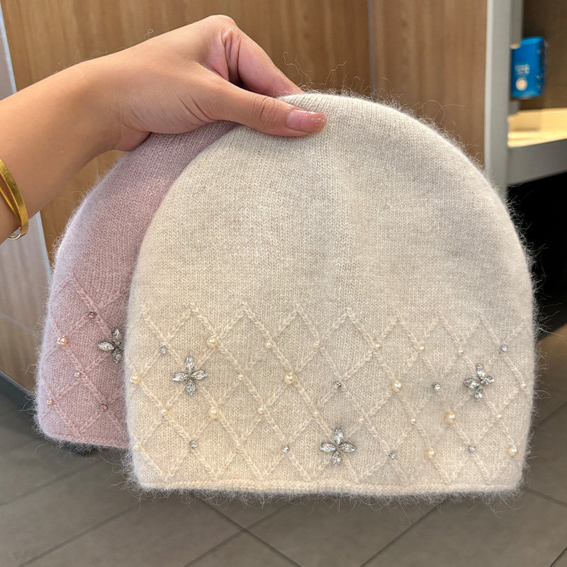兔毛毛线帽子女秋冬新款防寒保暖水钻针织帽显脸小包头帽护耳冷帽
