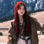 川西旅游红色流苏针织包头帽子女秋冬季 护耳毛线帽出游拍照套头帽