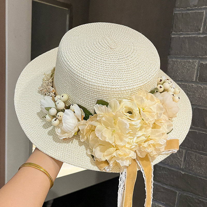 花朵草帽女夏天旅游度假拍照帽子百搭田园风太阳帽仿真花平顶礼帽