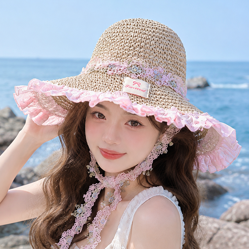 田园风花边珍珠飘带草帽女夏季大帽檐防晒遮阳帽子海边沙滩太阳帽