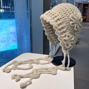 民族风手工编织毛线帽子女款2025新款川西旅游针织帽大头围护耳帽