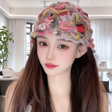手工编织花朵渐变针织套头帽女2026新款春夏镂空透气包头帽显脸小