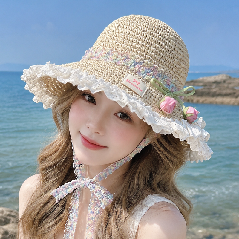 夏季大帽檐田园风蕾丝花边草帽女