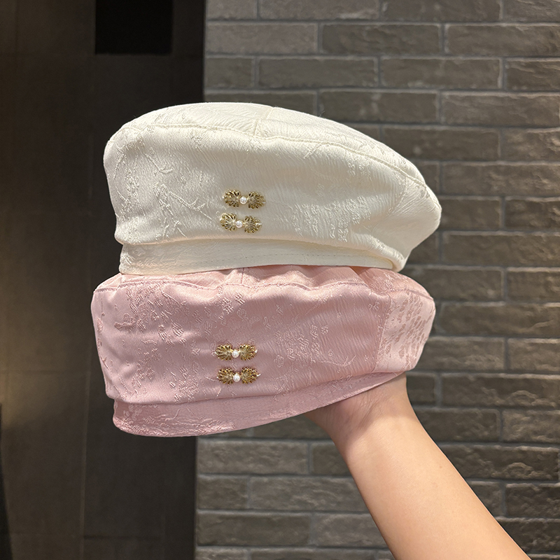 新中式国风帽子女优雅气质绣花粉色贝雷帽春夏季百搭画家帽显脸小