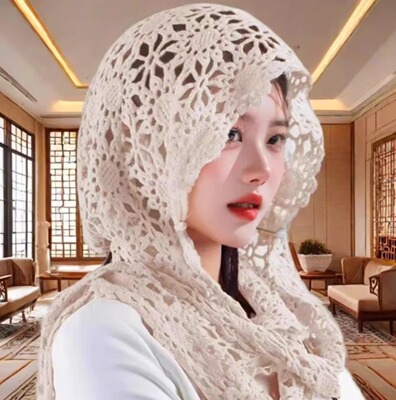 夏季薄款镂空钩花蕾丝多用披肩帽