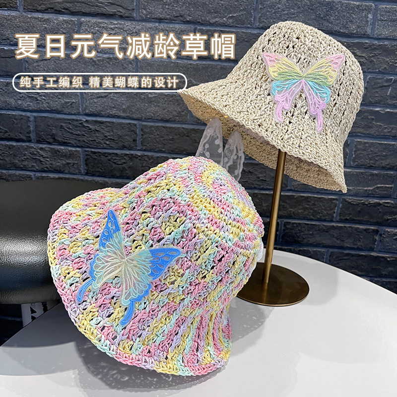 甜美百搭彩编织蝴蝶结草编渔夫帽