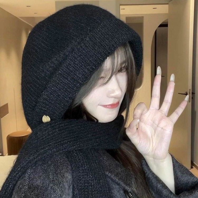 2025新款纯色针织帽子女围巾一体秋冬季加厚保暖护耳巴拉克拉法帽