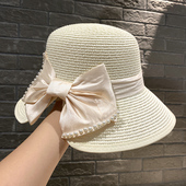 蝴蝶结遮阳帽女日系百搭珍珠开叉草帽夏季 出游大檐防晒太阳帽子潮