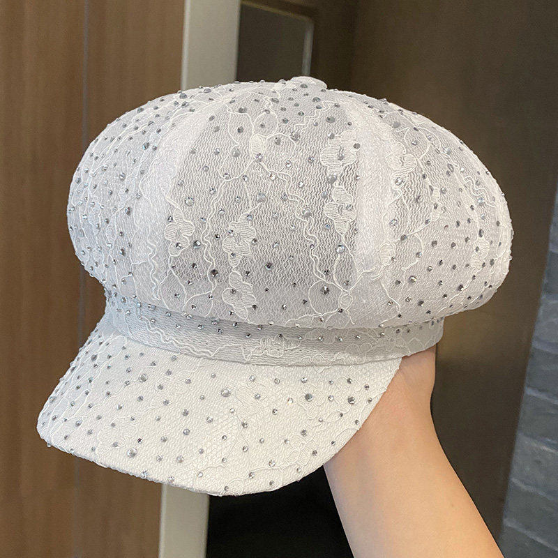 蕾丝水钻镂空八角帽子女春夏季薄款透气遮阳鸭舌帽时尚百搭画家帽
