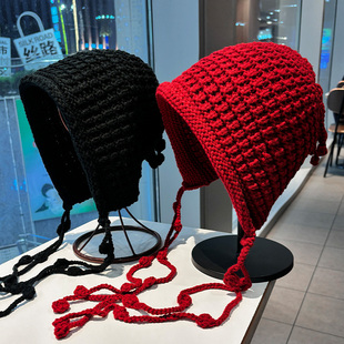 手工编织流苏针织帽子女款2025新款秋冬防风保暖护耳显脸小毛线帽