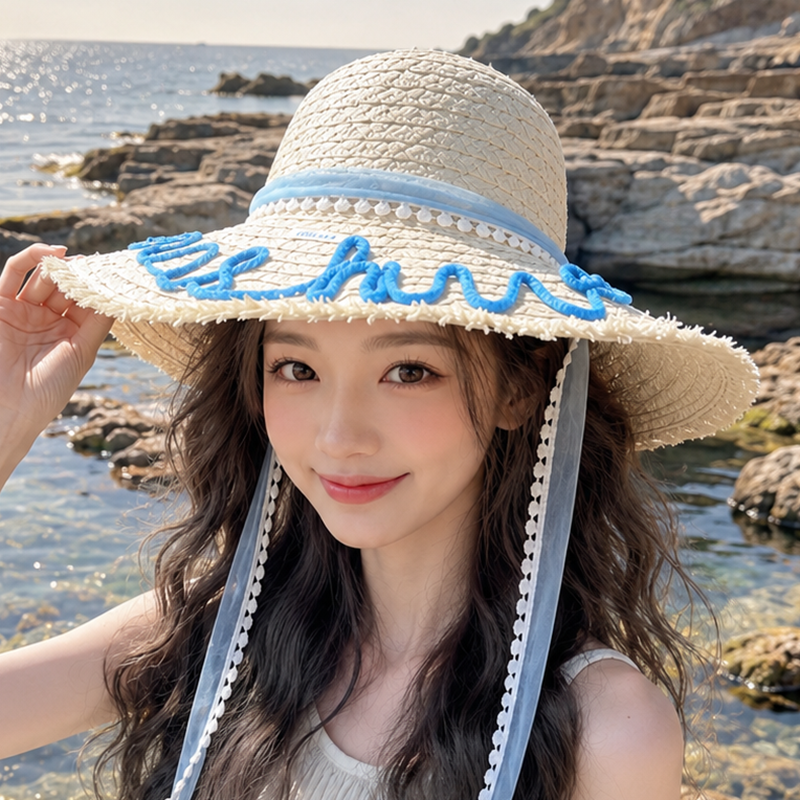 夏季蕾丝飘带毛边草帽女户外大檐防晒遮阳帽海边沙滩度假太阳帽子