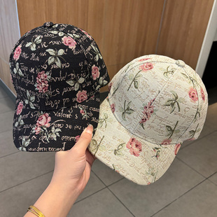 玫瑰印花棒球帽出游逛街遮阳帽休闲百搭硬顶鸭舌帽子女款2025新款