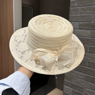 赫本风蕾丝平顶礼帽女夏季法式草帽2026新款蝴蝶结遮阳帽子防晒帽