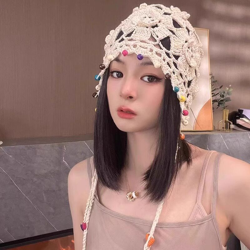 民族风帽子女帽新款镂空花朵包头帽春秋季手工串珠流苏白色针织帽