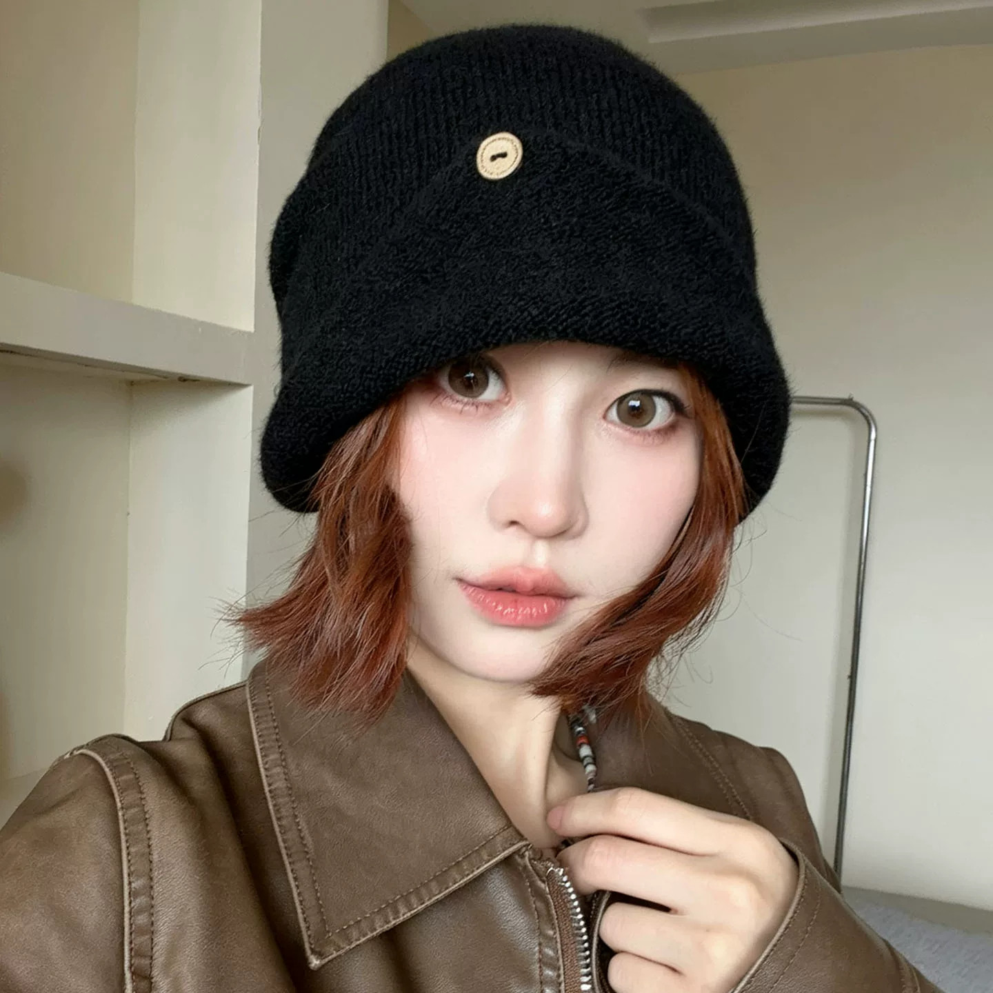 冬季保暖黑色复古金属标堆堆帽女