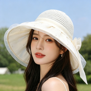 珍珠网纱蝴蝶结渔夫帽子女夏季大檐防晒遮阳透气空顶帽度假太阳帽