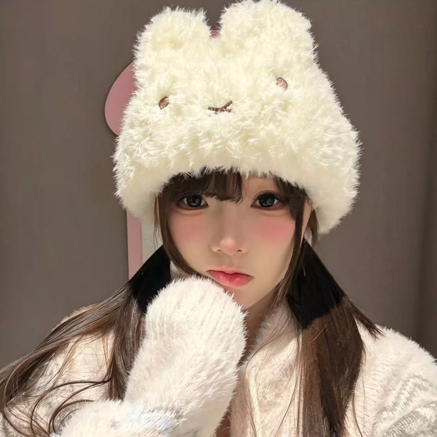秋冬可爱兔子耳朵白色毛茸茸帽女
