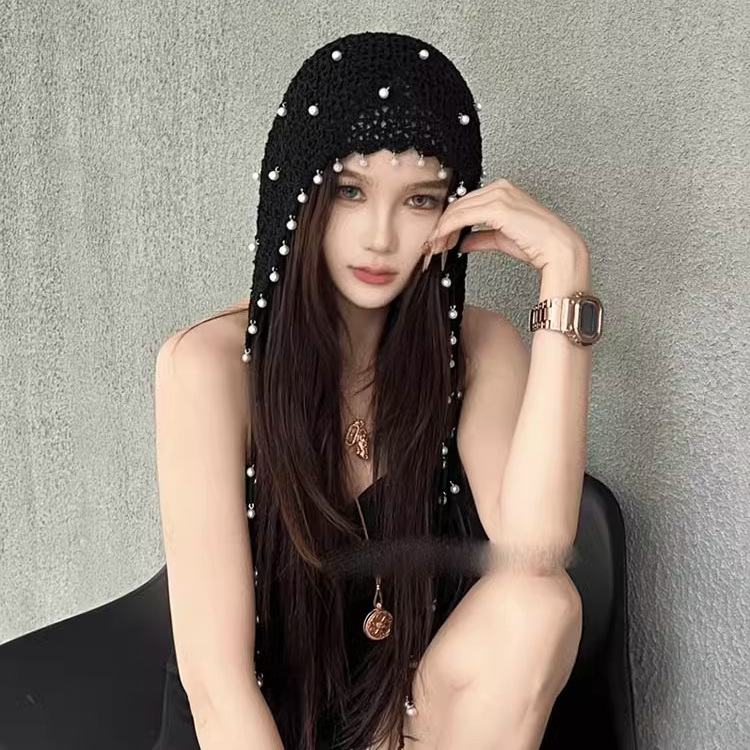 镂空珍珠流苏吊坠包头帽子女夏季