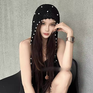 镂空珍珠流苏吊坠包头帽女夏季百搭针织套头帽氛围感手工编织帽子