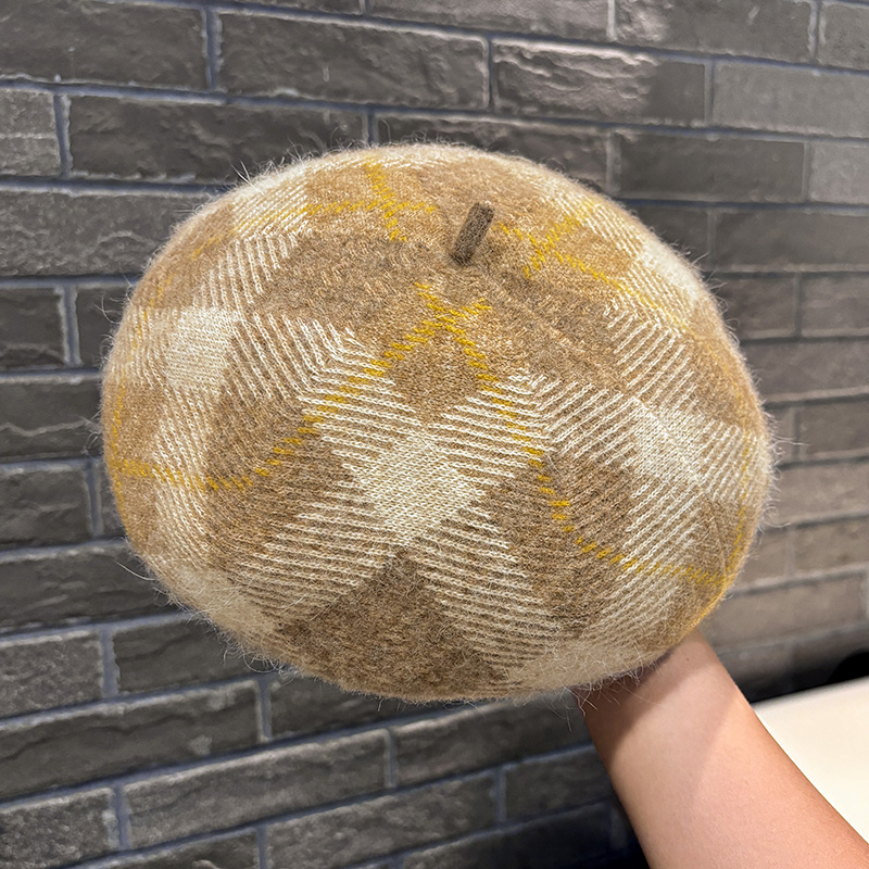 拼色格纹复古贝雷帽女秋冬季防寒保暖兔毛帽子文艺风画家帽显脸小