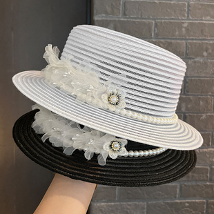 法式 海边度假太阳帽户外防晒遮阳帽子 网纱珍珠花朵平顶礼帽女夏季