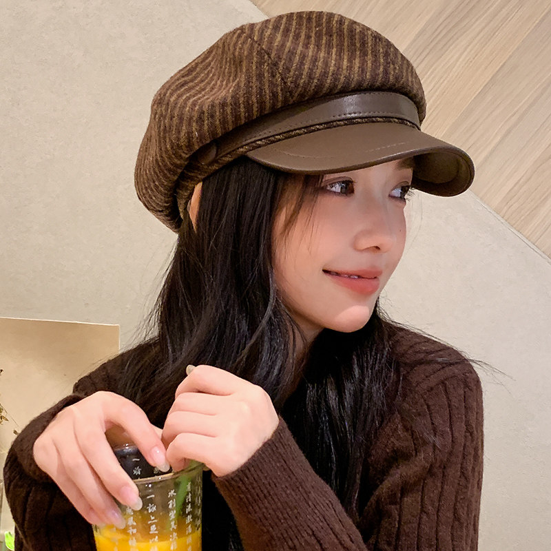 复古格纹贝雷帽子女秋冬季皮檐拼接英伦风毛呢八角帽报童帽显脸小,服饰配件/皮带/帽子/围巾,帽子,淘宝优惠券,粉丝福利购,淘宝优惠卷