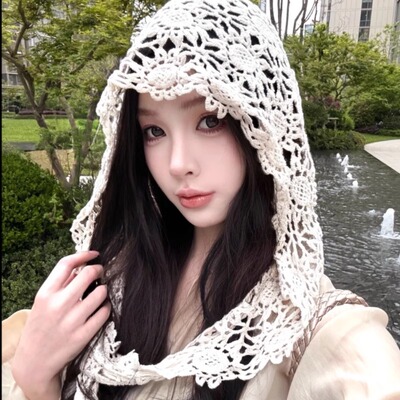 四季款镂空钩花蕾丝多用披肩帽子女款2025新款旅游拍照时尚包头帽