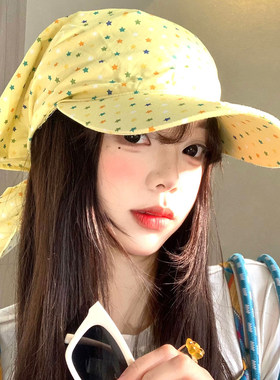韩版黄色绑带头巾帽子女夏季薄款透气遮阳防晒帽百搭显脸小鸭舌帽
