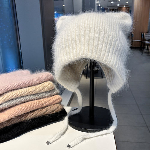 秋冬保暖护耳可爱耳朵系带针织帽