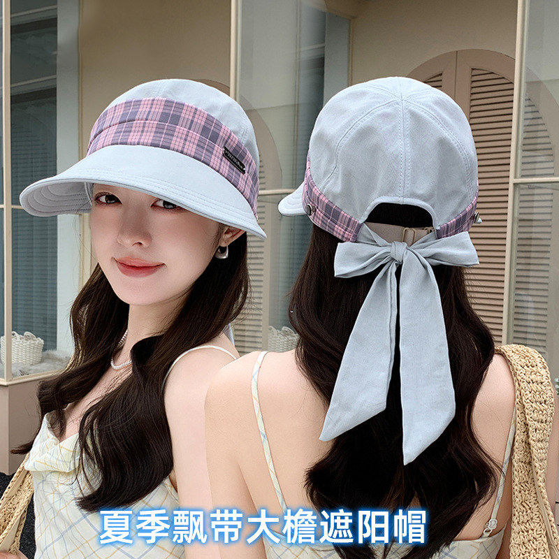夏季骑车挂口罩格纹蝴蝶结鸭舌帽