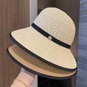 大帽檐防晒草帽女夏季 出游可扎马尾空顶遮阳帽百搭防紫外线太阳帽
