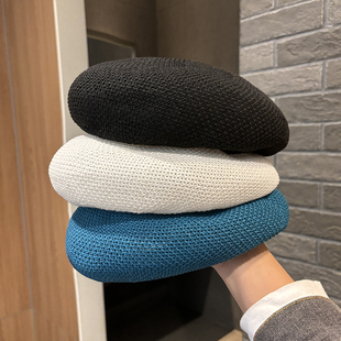 百搭薄款 纯色贝雷帽子女显脸小夏季 透气画家帽简约针织八角南瓜帽