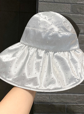 白色遮阳帽子女夏季小众设计款时尚烫钻空顶帽大檐防晒遮脸太阳帽