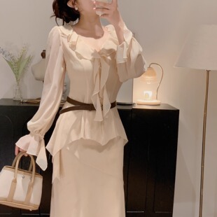 黑茉莉与甜酒 暮染轻纱 气质荷叶边套装长袖雪纺&半身鱼尾裙秋女