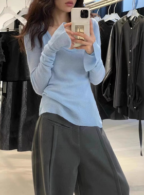 AN Maiden 韩系U领蓝色简约针织衫女春季收腰正肩喇叭袖内搭上衣