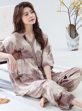 2025新款棉绸睡衣女士超薄长袖长裤套装中国风家居服宽松大码套装