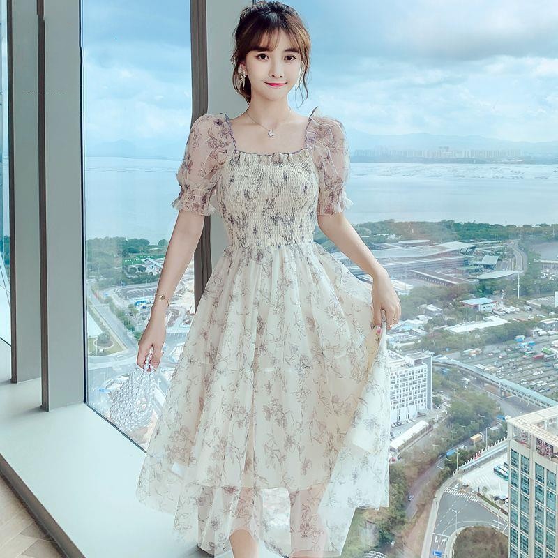 方领碎花雪纺连衣裙子女装夏季