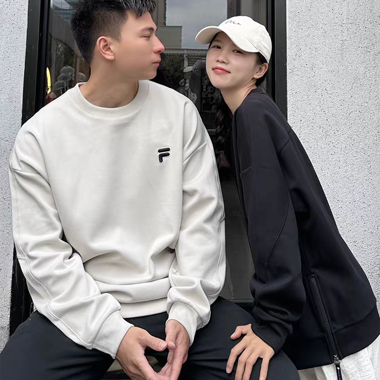 FILA FUSION斐乐2025潮牌情侣款套头男女加绒卫衣宽松圆领上衣