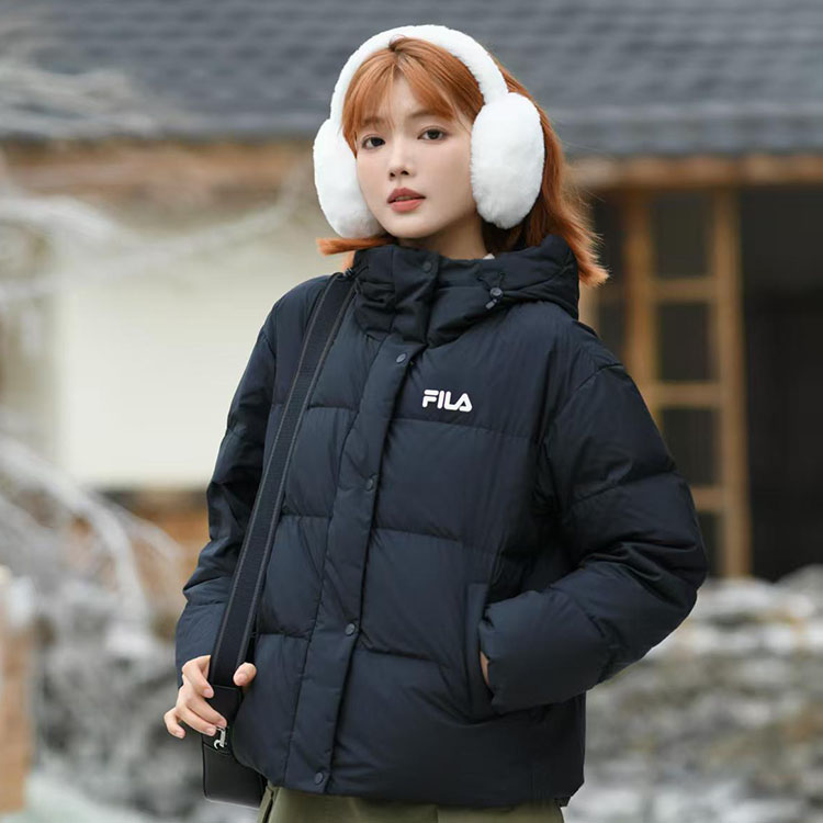 FILA斐乐羽绒服女2025新款美拉德风保暖连帽短款外套休闲面包服