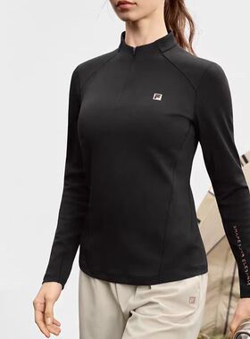 FILA斐乐女子长袖T恤2025健身运动半拉链瑜伽跑步加绒内搭上衣